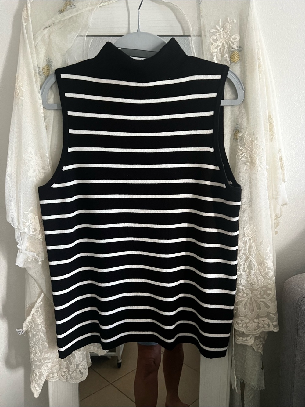 Cable & Gauge Black and White Striped Sleeveless Mock Neck Top